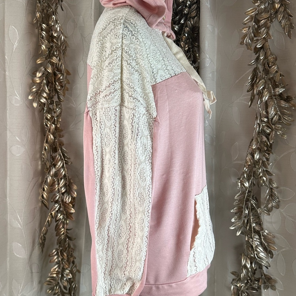 Haptics Lace Hoodie Pink Small Feminine Chic Pullover Boho Crochet Spring Style - Picture 2 of 7